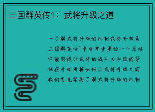 三国群英传1：武将升级之道